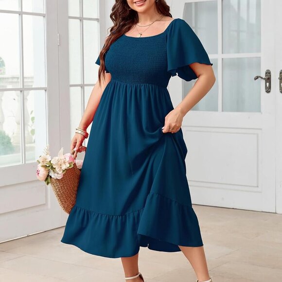 Women's Plus Size Summer Dress Floral Boho Maxi Short Sleeve Ruffle - Picture 7 of 7